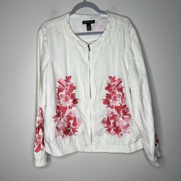 INC Jacket Womens XL White Pink Floral Embroidery Linen Zip Up Casual Bohemian - Picture 1 of 15